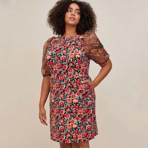 Torrid Floral Print Mini Scuba Crepe and Organza High Neck Puff Sleeve Dress